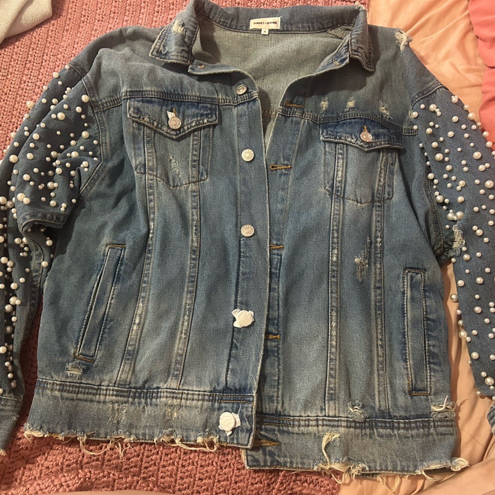Sunset and Spring Embellished Distressed Denim Jacket